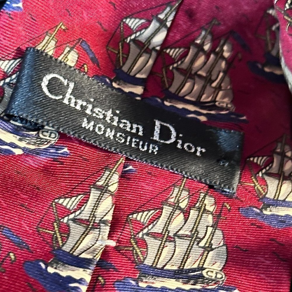 Dior Mid Century Modern Neckwear Tie 100% All Silk Red Sailboat Schooners Ship - Picture 2 of 8